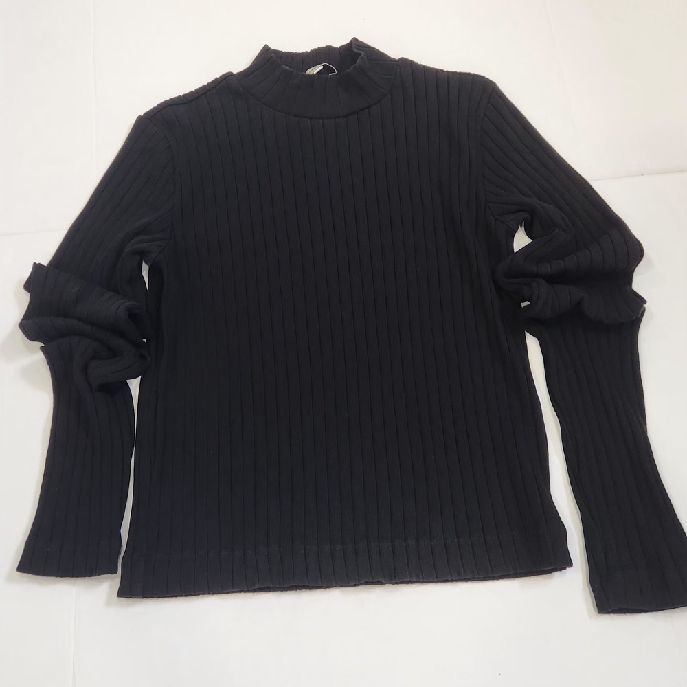 Vince Black Ribbed Mock-Neck Long Sleeve Top